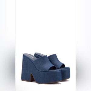 LARROUDE Women's Wanda Slip On
Platform Denim Slides In Blue Platform Sandals